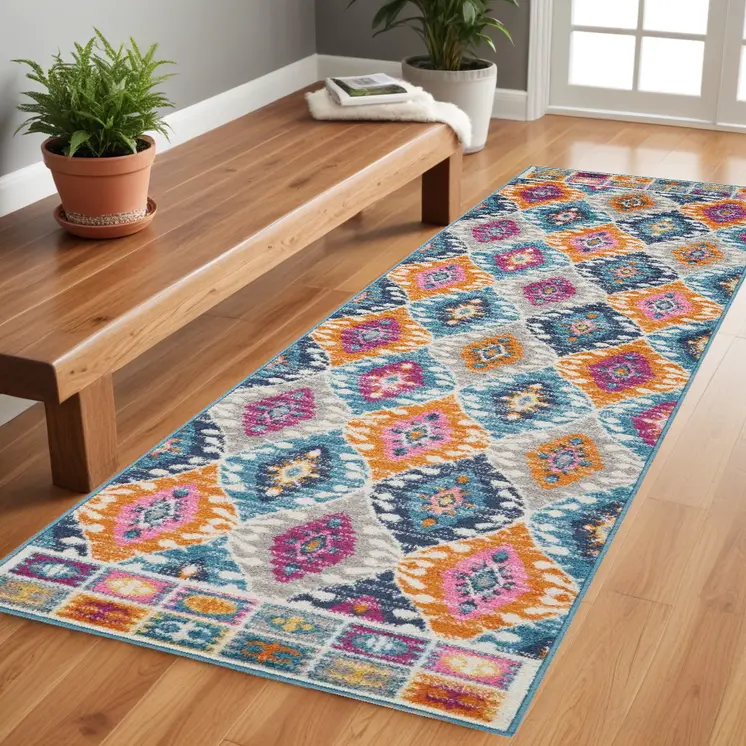 8' Ivory And Blue Ogee Distressed Runner Rug