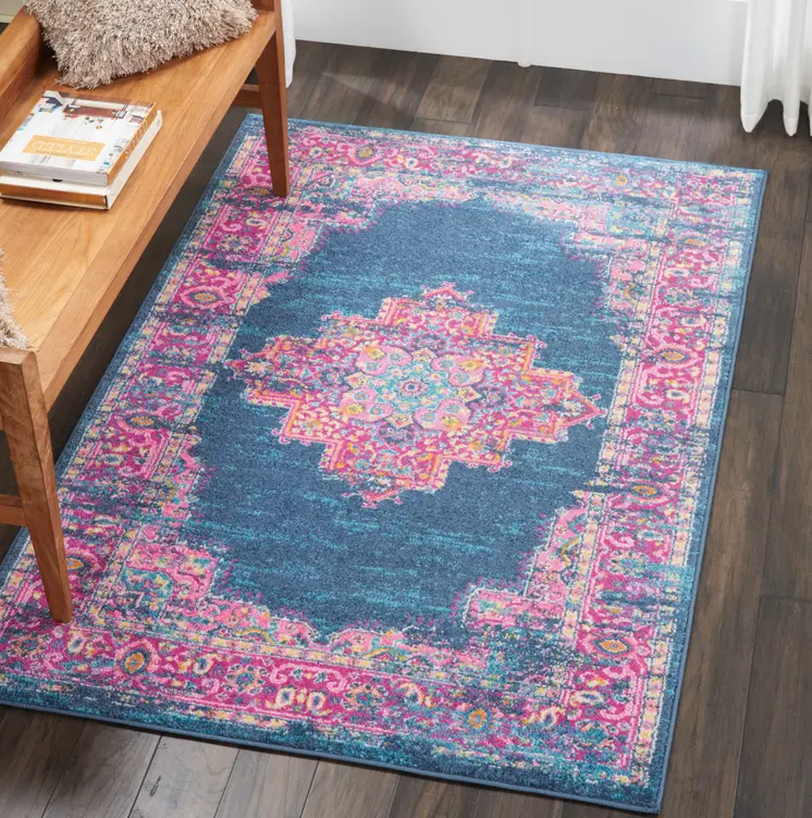 4' X 6' Blue And Pink Medallion Distressed Area Rug