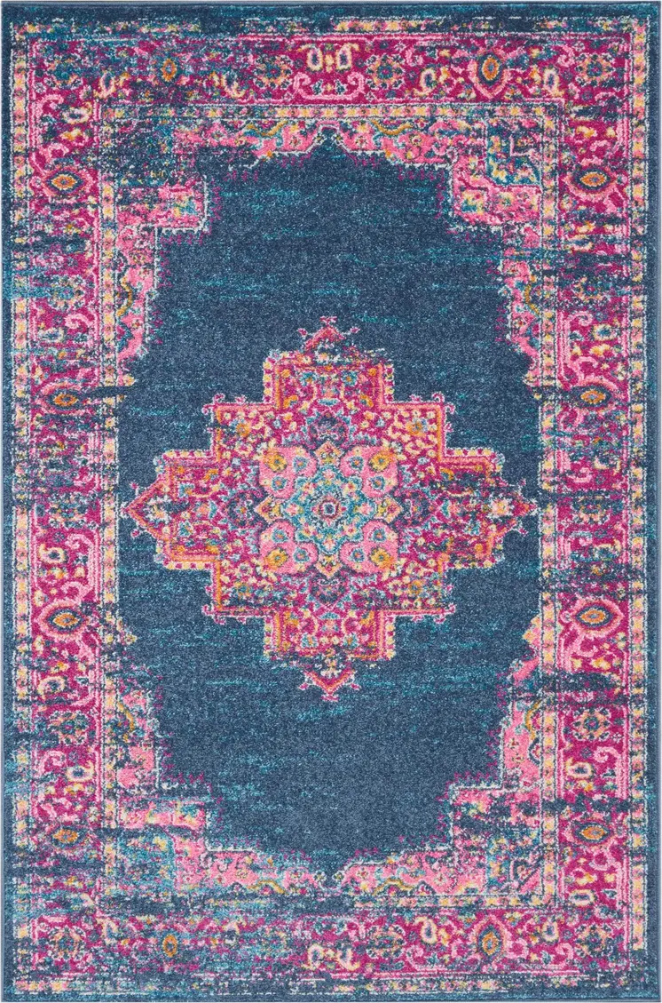 4' X 6' Blue And Pink Medallion Distressed Area Rug