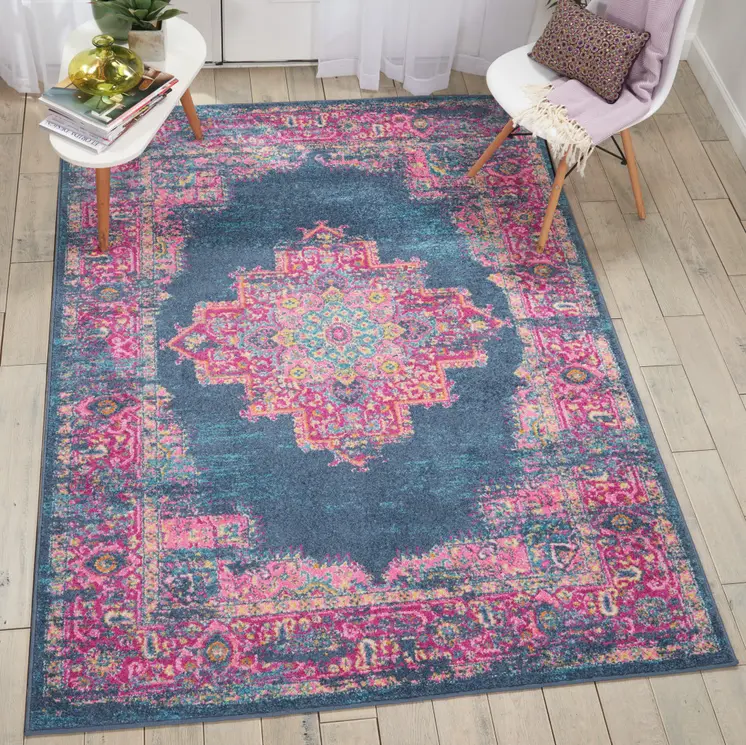 5' X 7' Blue And Pink Medallion Distressed Area Rug