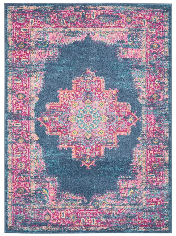 5' X 7' Blue And Pink Medallion Distressed Area Rug