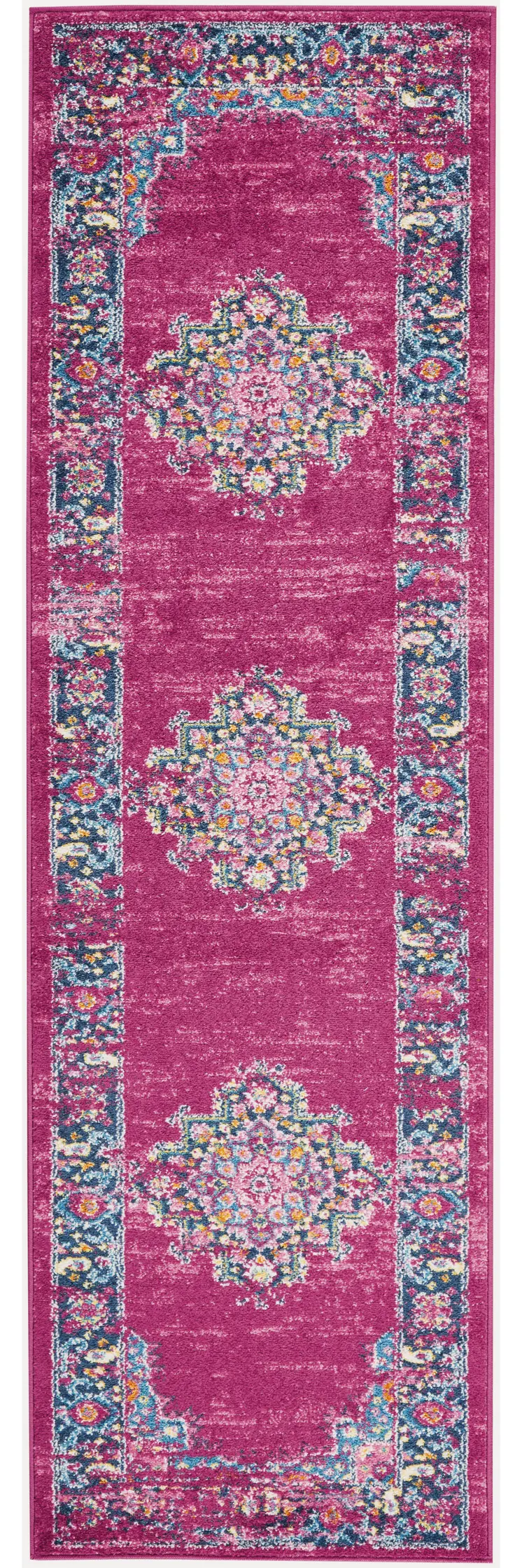 8' Fuchsia And Blue Oriental Distressed Runner Rug