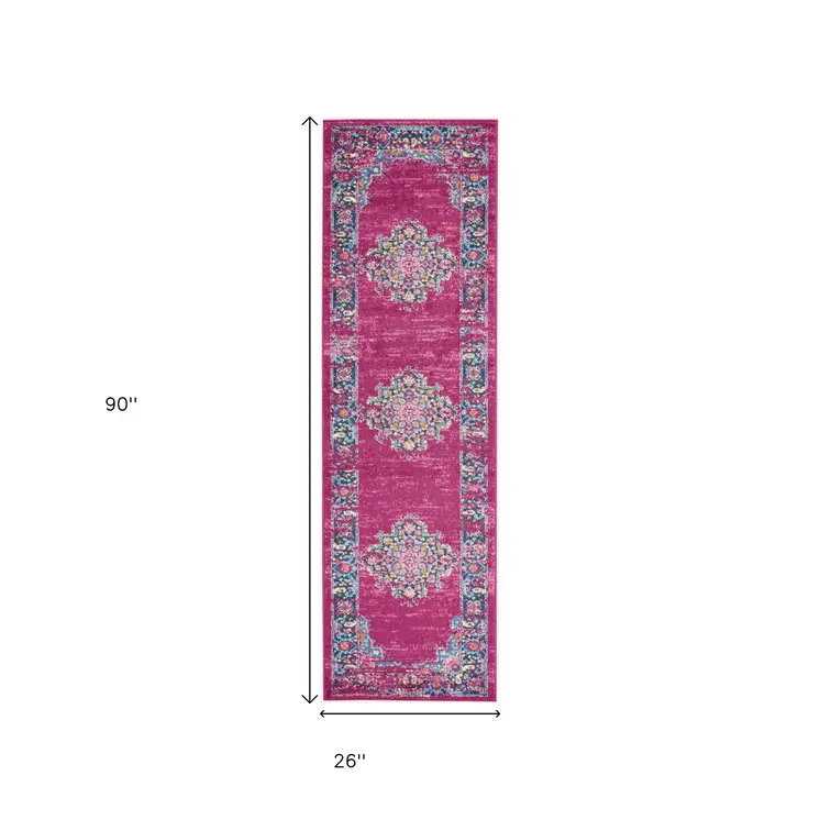 8' Fuchsia And Blue Oriental Distressed Runner Rug