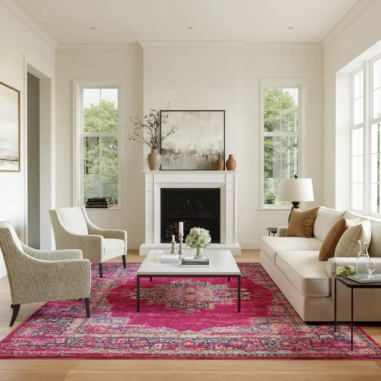 8' X 10' Fuchsia And Blue Oriental Distressed Area Rug