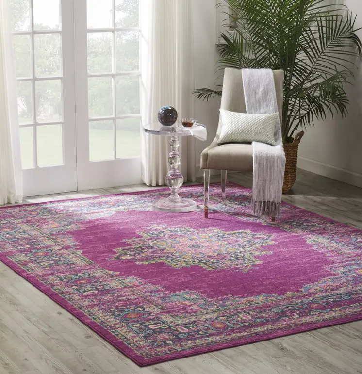 8' X 10' Fuchsia And Blue Oriental Distressed Area Rug