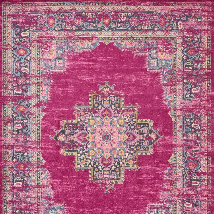 8' X 10' Fuchsia And Blue Oriental Distressed Area Rug