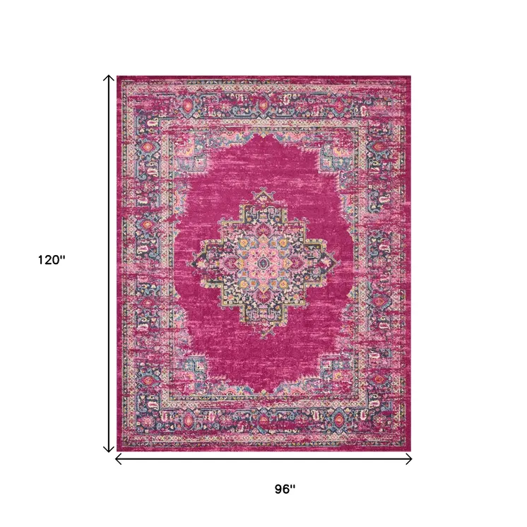 8' X 10' Fuchsia And Blue Oriental Distressed Area Rug
