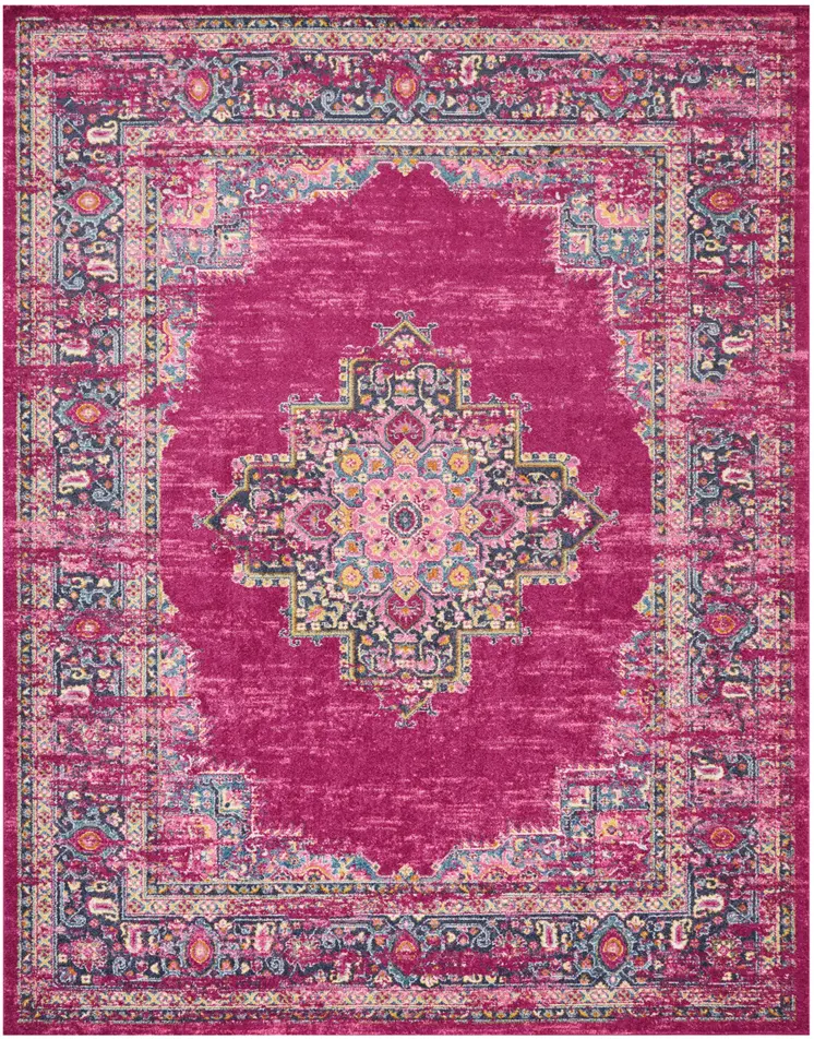8' X 10' Fuchsia And Blue Oriental Distressed Area Rug