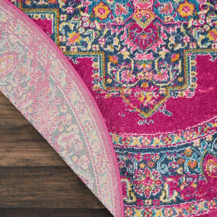8' Fuchsia And Blue Oriental Distressed Round Rug
