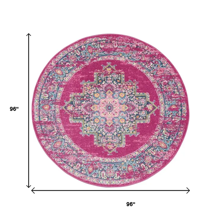 8' Fuchsia And Blue Oriental Distressed Round Rug