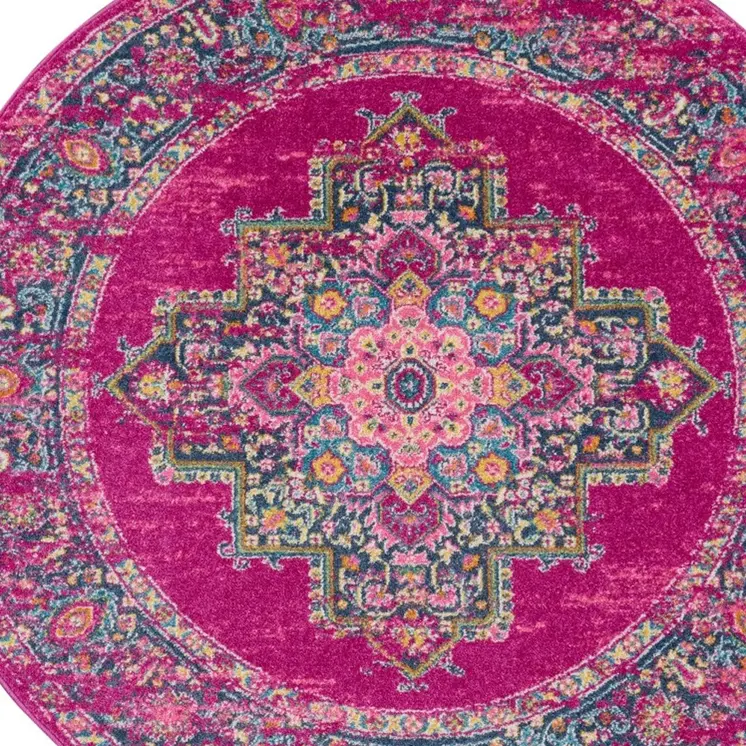 8' Fuchsia And Blue Oriental Distressed Round Rug