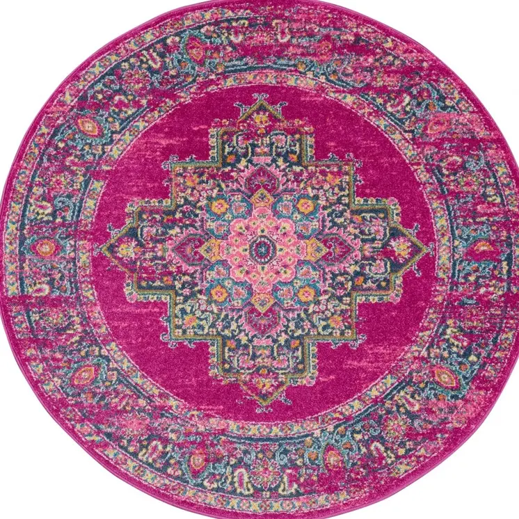 8' Fuchsia And Blue Oriental Distressed Round Rug