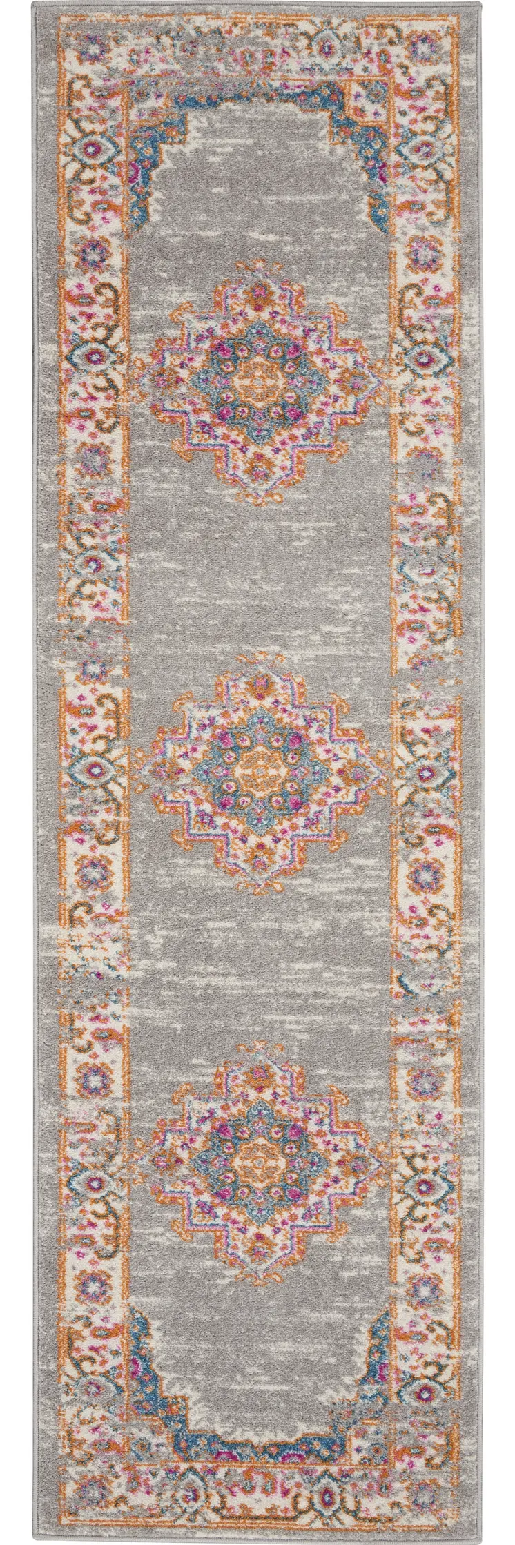 8' Gray And Gold Medallion Distressed Runner Rug