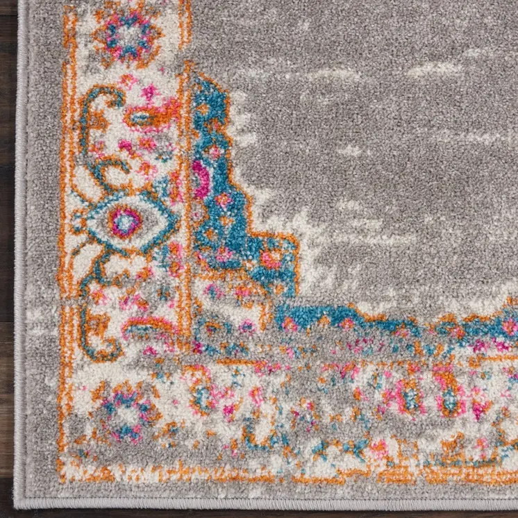 8' Gray And Gold Medallion Distressed Runner Rug