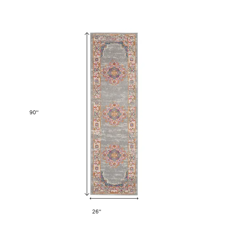 8' Gray And Gold Medallion Distressed Runner Rug