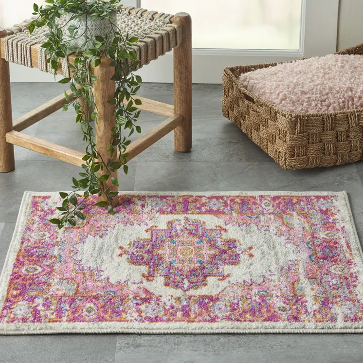 2' X 3' Ivory And Fuchsia Oriental Distressed Area Rug