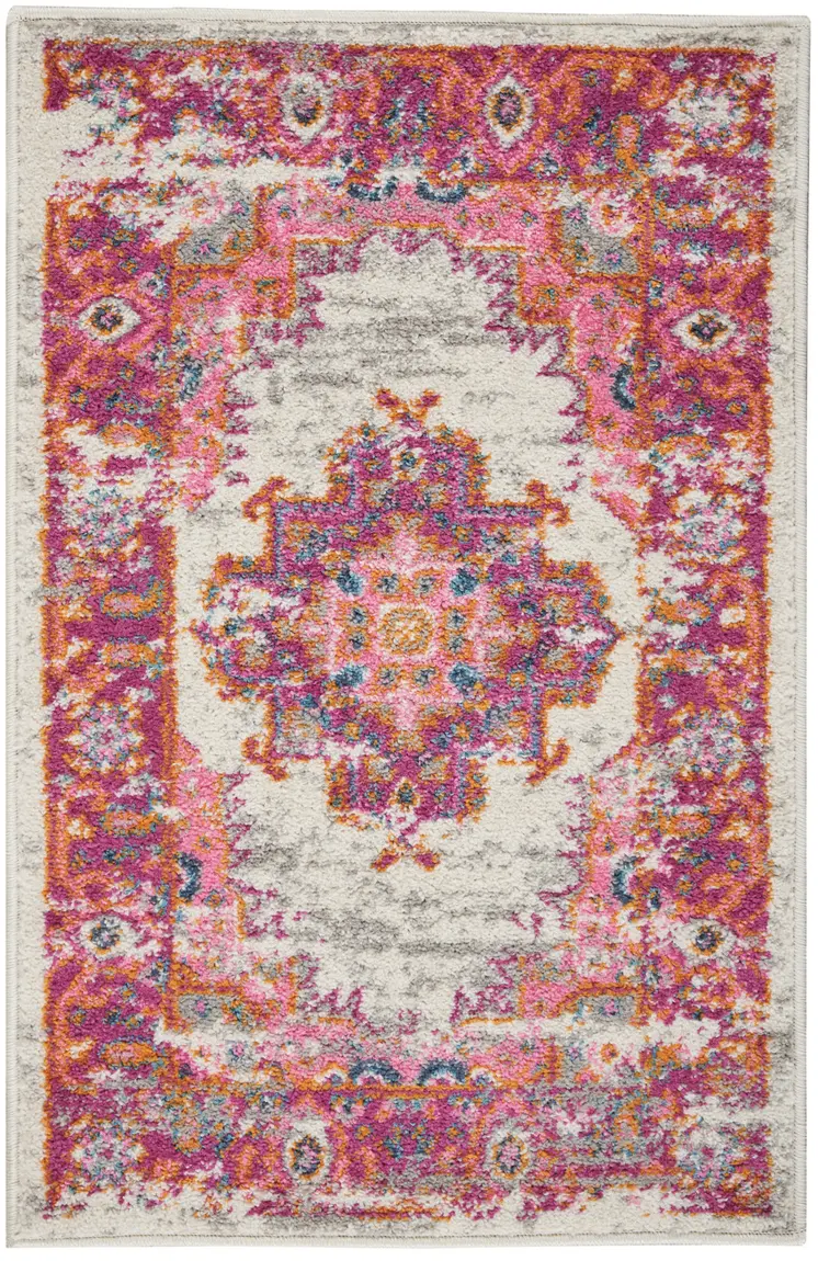 2' X 3' Ivory And Fuchsia Oriental Distressed Area Rug