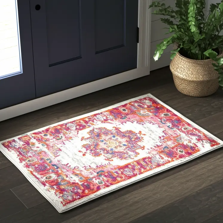 2' X 3' Ivory And Fuchsia Oriental Distressed Area Rug