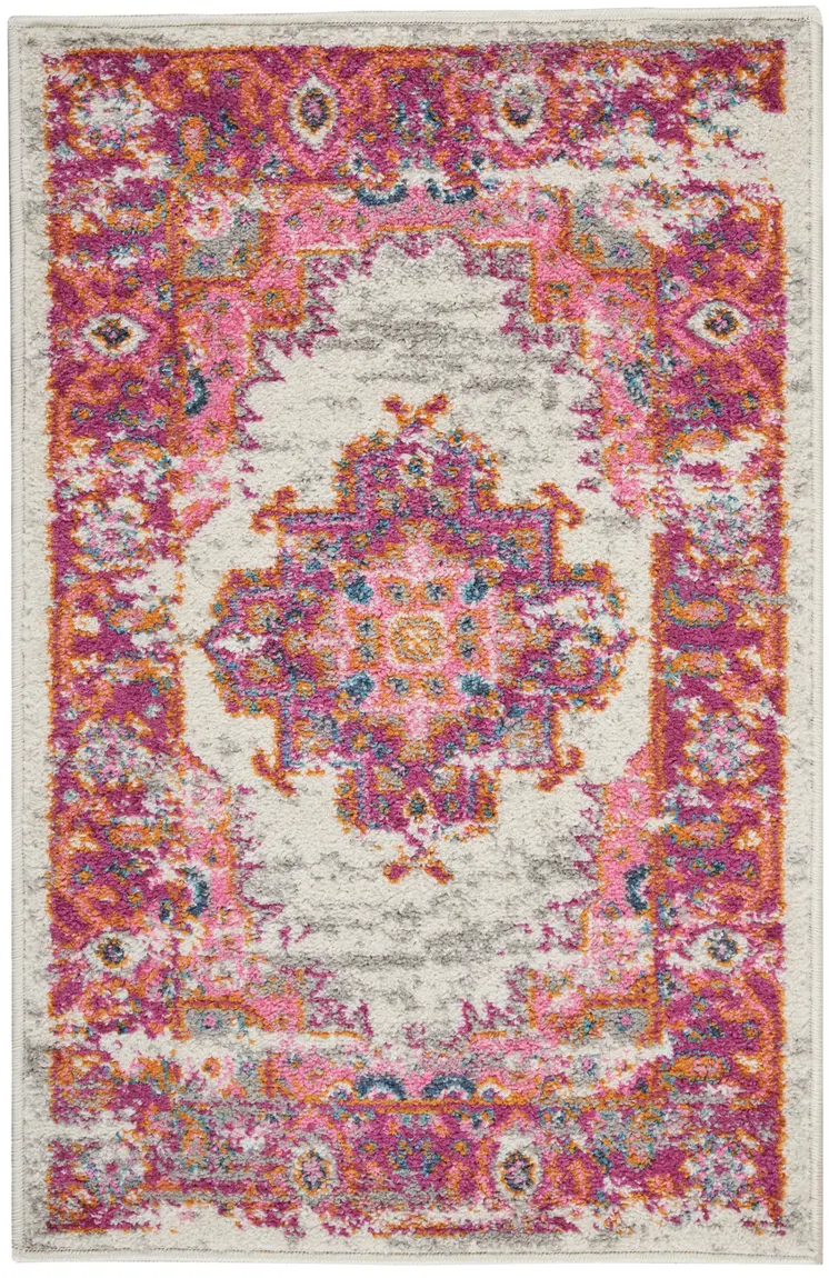 2' X 3' Ivory And Fuchsia Oriental Distressed Area Rug