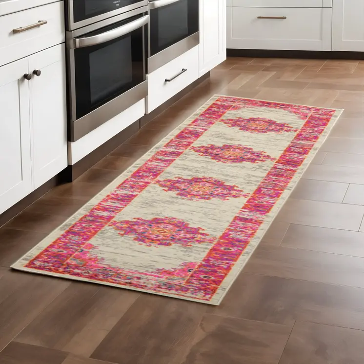 8' Ivory And Fuchsia Oriental Distressed Runner Rug