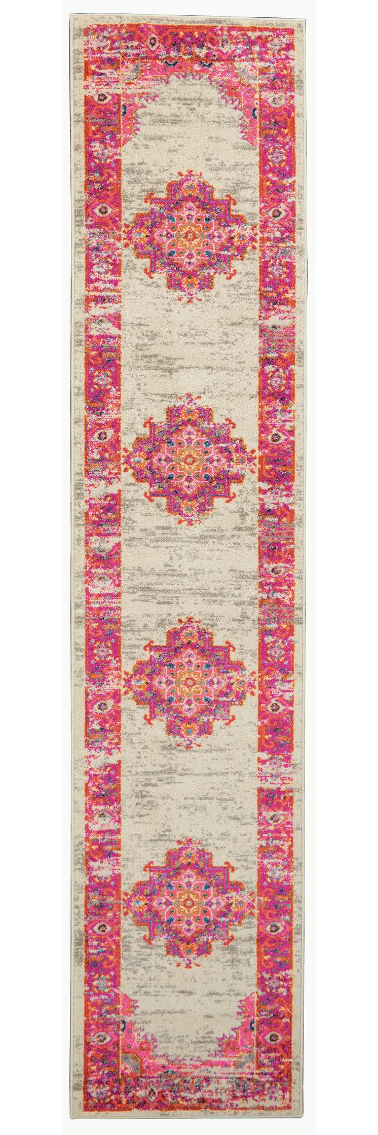 8' Ivory And Fuchsia Oriental Distressed Runner Rug