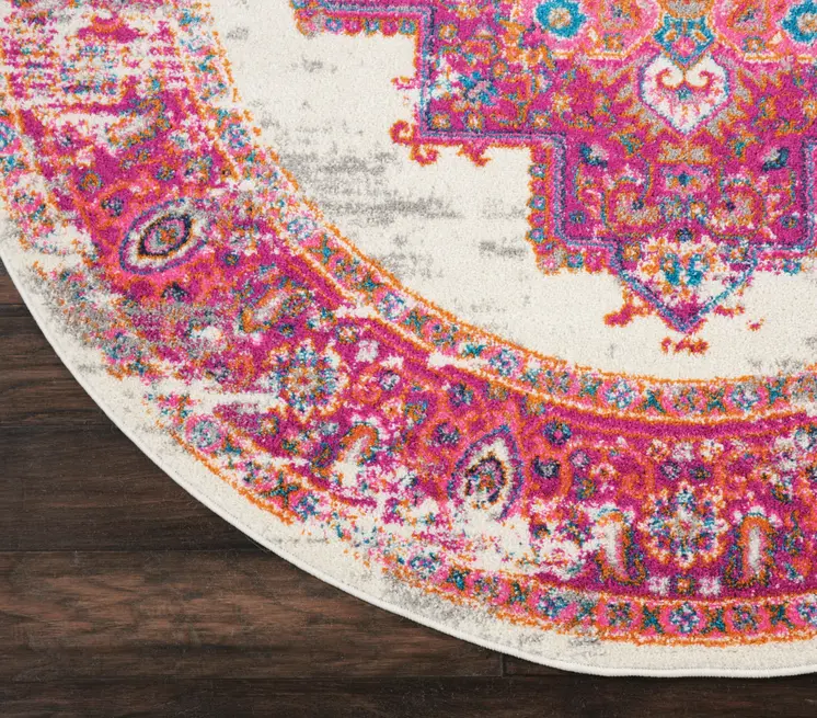4' Ivory And Fuchsia Oriental Distressed Round Rug