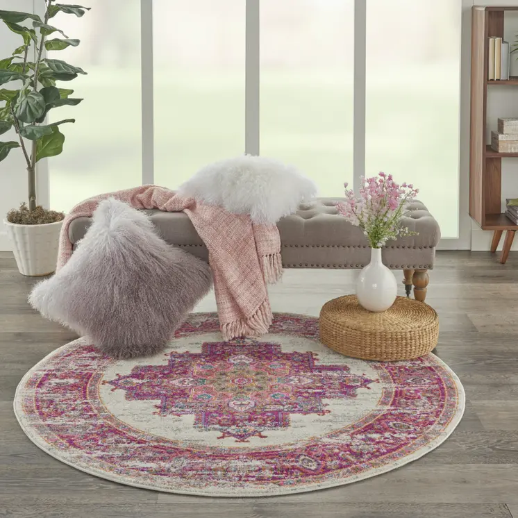 4' Ivory And Fuchsia Oriental Distressed Round Rug