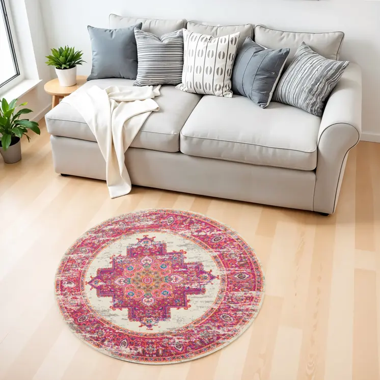 4' Ivory And Fuchsia Oriental Distressed Round Rug