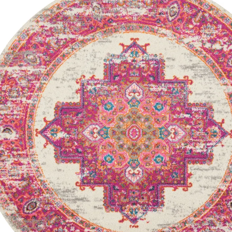 4' Ivory And Fuchsia Oriental Distressed Round Rug
