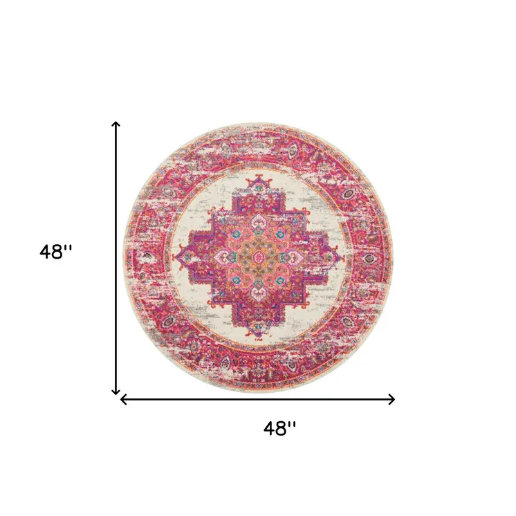 4' Ivory And Fuchsia Oriental Distressed Round Rug