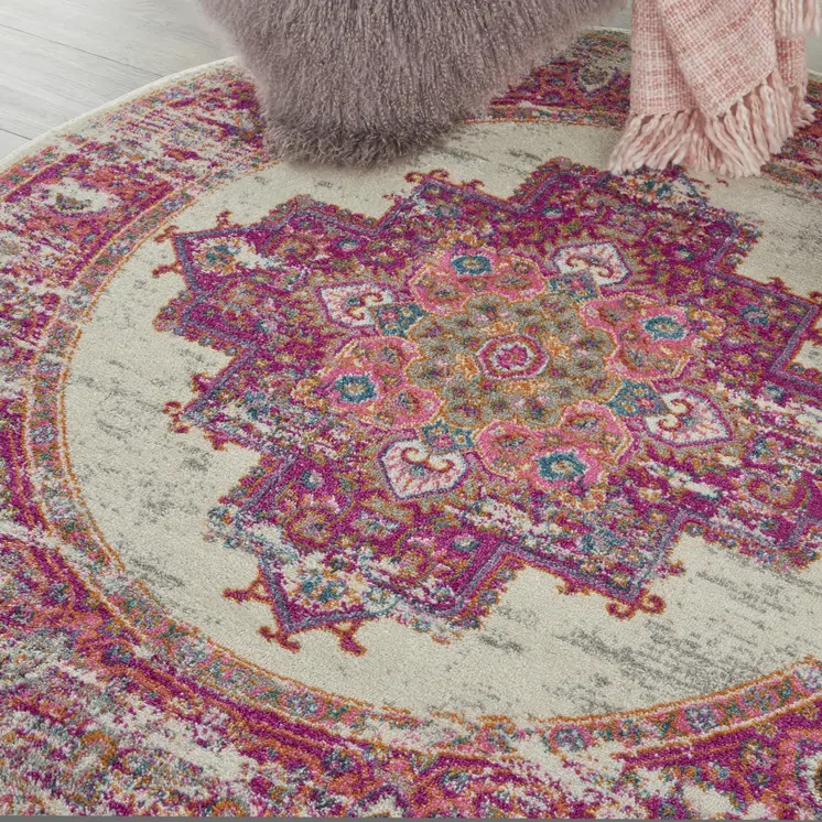 4' Ivory And Fuchsia Oriental Distressed Round Rug
