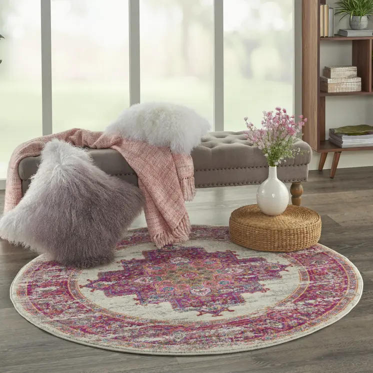 4' Ivory And Fuchsia Oriental Distressed Round Rug