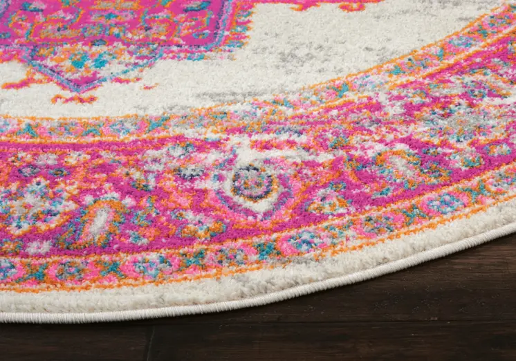 4' Ivory And Fuchsia Oriental Distressed Round Rug