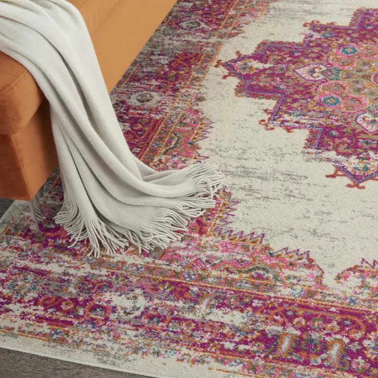 5' X 7' Ivory And Fuchsia Oriental Distressed Area Rug