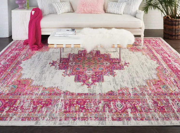 5' X 7' Ivory And Fuchsia Oriental Distressed Area Rug