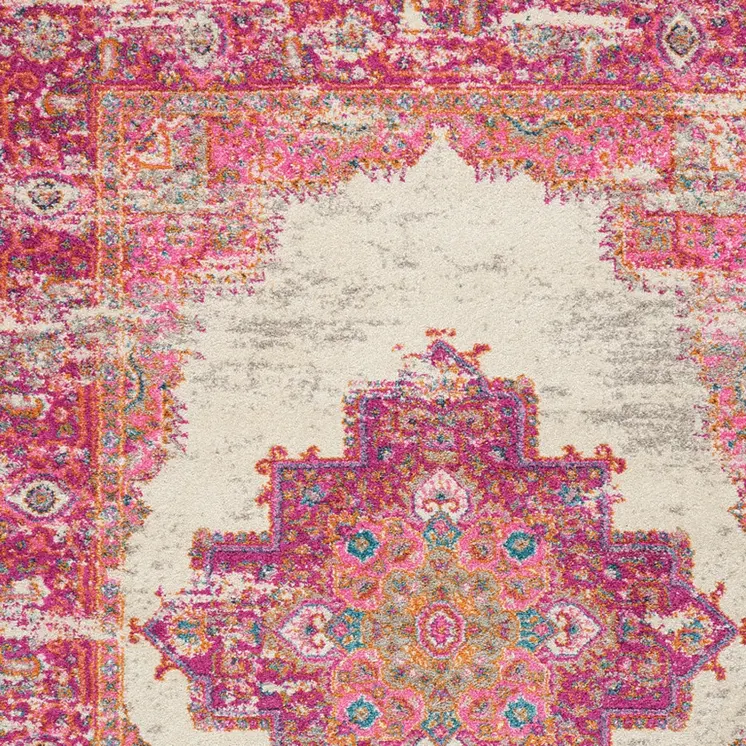 5' X 7' Ivory And Fuchsia Oriental Distressed Area Rug