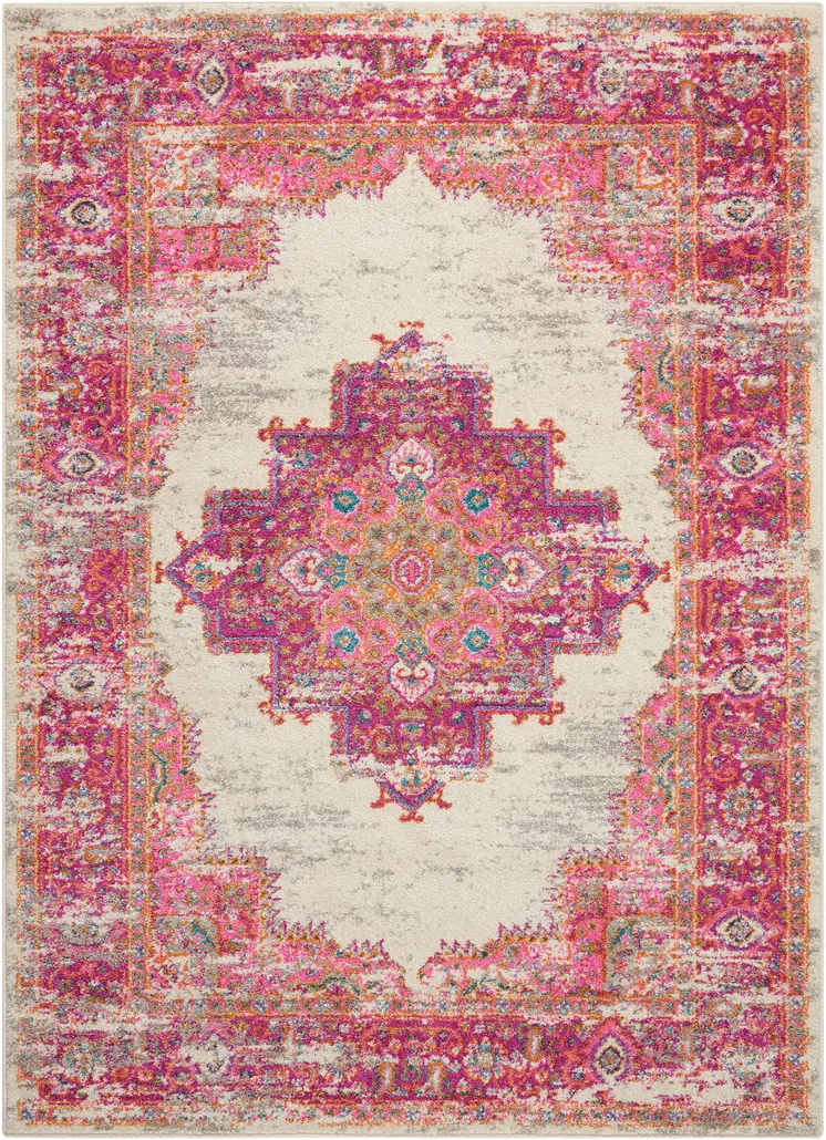 5' X 7' Ivory And Fuchsia Oriental Distressed Area Rug