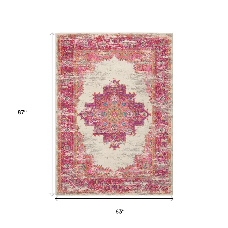 5' X 7' Ivory And Fuchsia Oriental Distressed Area Rug