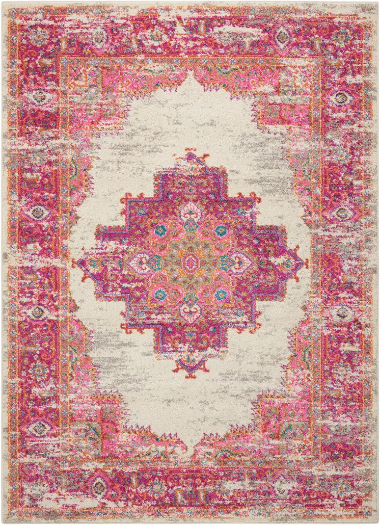 5' X 7' Ivory And Fuchsia Oriental Distressed Area Rug