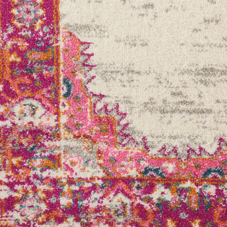 5' Ivory And Fuchsia Oriental Distressed Round Rug