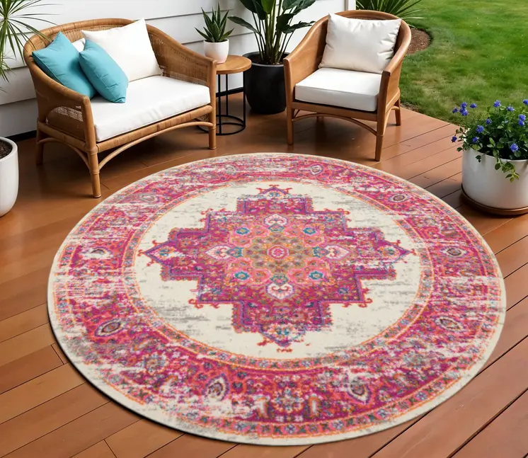 5' Ivory And Fuchsia Oriental Distressed Round Rug