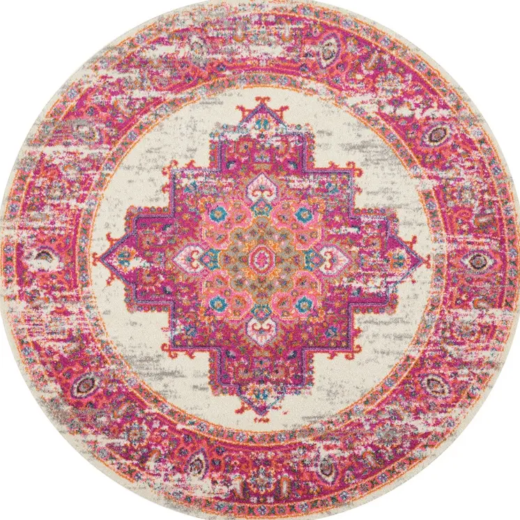5' Ivory And Fuchsia Oriental Distressed Round Rug