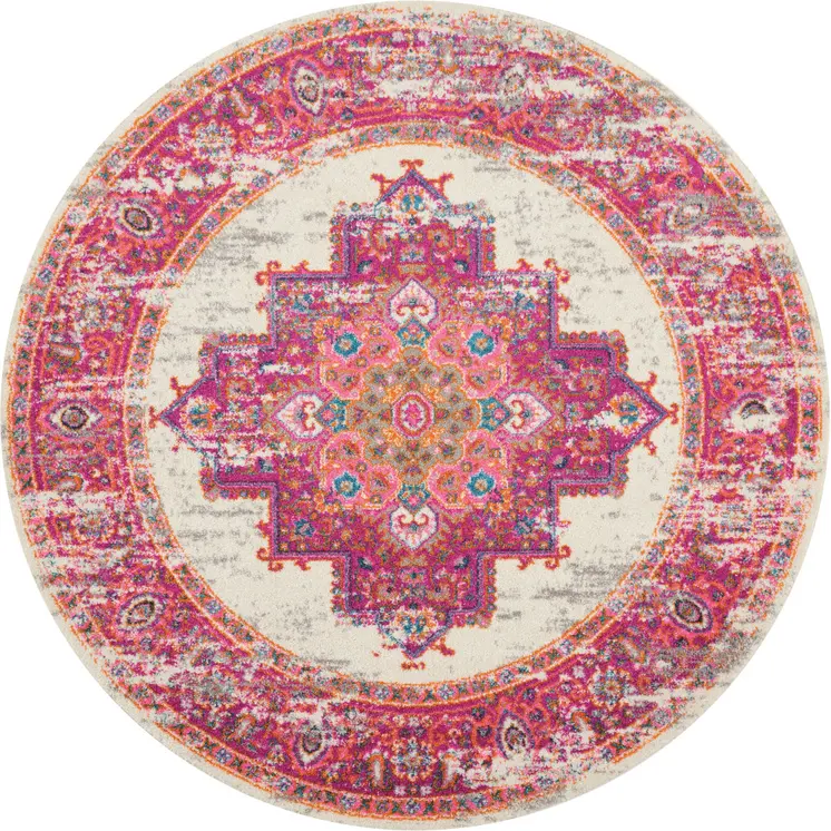 5' Ivory And Fuchsia Oriental Distressed Round Rug