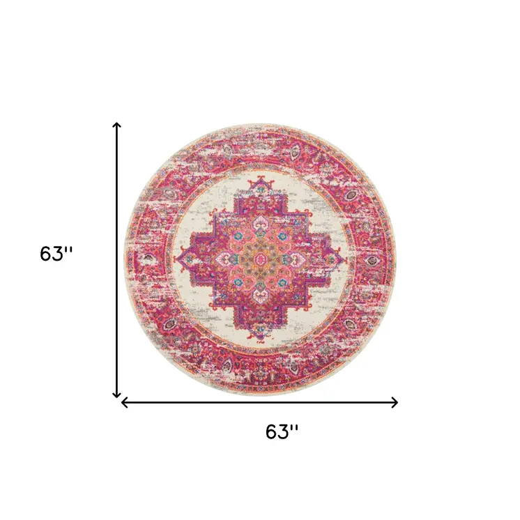 5' Ivory And Fuchsia Oriental Distressed Round Rug