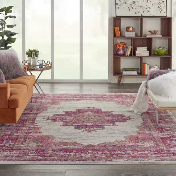 7' X 10' Ivory And Fuchsia Oriental Distressed Area Rug