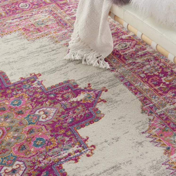 7' X 10' Ivory And Fuchsia Oriental Distressed Area Rug
