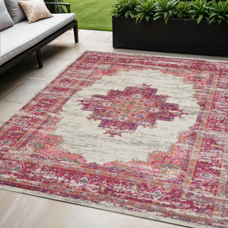 7' X 10' Ivory And Fuchsia Oriental Distressed Area Rug
