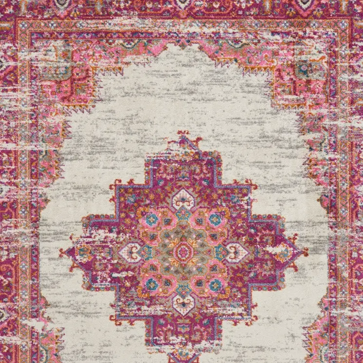 7' X 10' Ivory And Fuchsia Oriental Distressed Area Rug