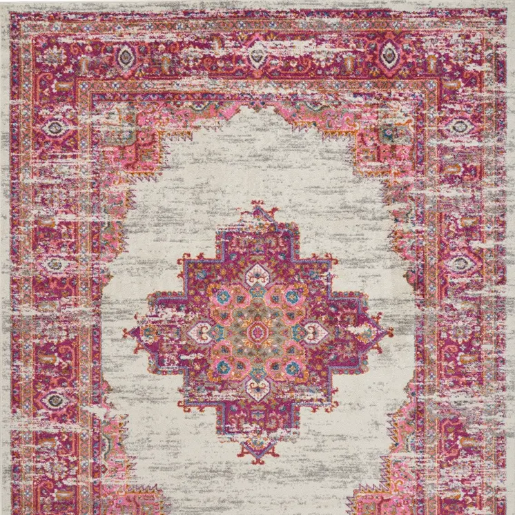 7' X 10' Ivory And Fuchsia Oriental Distressed Area Rug