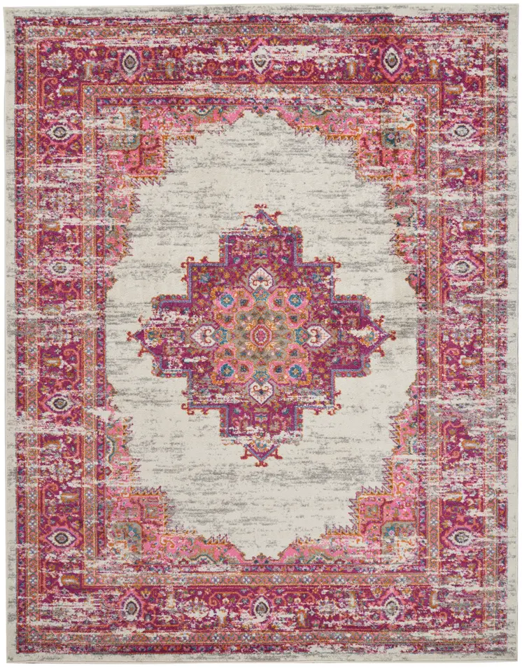 7' X 10' Ivory And Fuchsia Oriental Distressed Area Rug